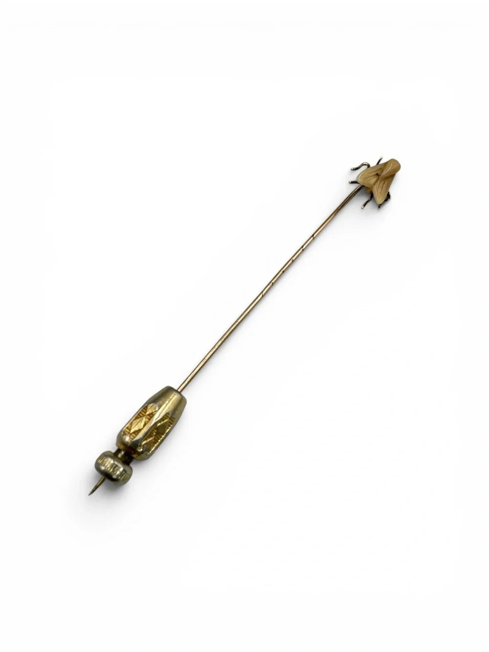 Antique Victorian 14K Gold Carved Tooth Fly Stick Pin Safety Cap